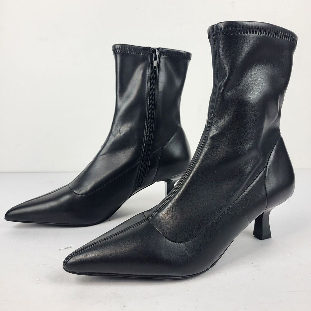 Abound Erinn Black Pointed Toe Ankle Sock Boots faux leather kitten heel Size 7M